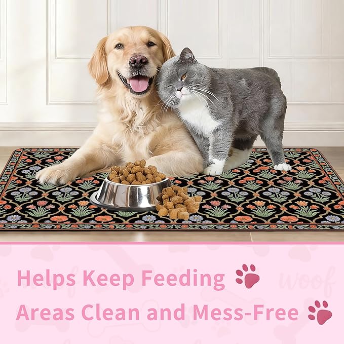 Pet Feeding Mat 20 x 12 Inch, Black Floral Pet Placemat Absorbent Quick-Dry for Food and Water, Waterproof Non Slip Rubber Bowl Pad Mat for Floors