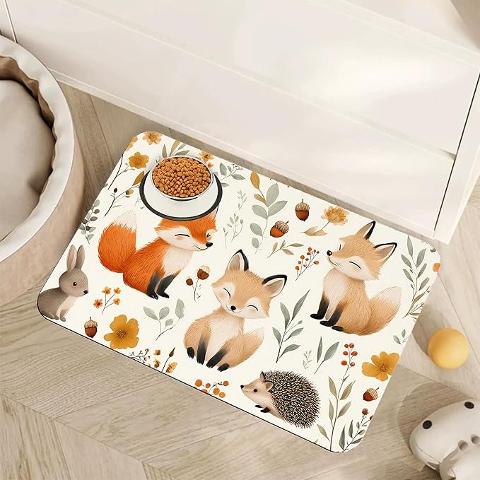 Fox Hedgehog Rabbit Forest Dog Cat Food Mat,Absorbent Pet Feeding Mat with Rubber Backing,Non-Slip Water Bowl Placemat,Indoor Pet Accessories Supplies 12"x20"