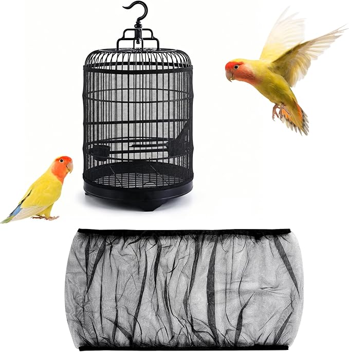 2 Pcs Bird Cage Seed Catcher, Adjustable Bird Cage Net Cover, Reusable Soft Nylon Cover for Parrot Enclosures (Black)