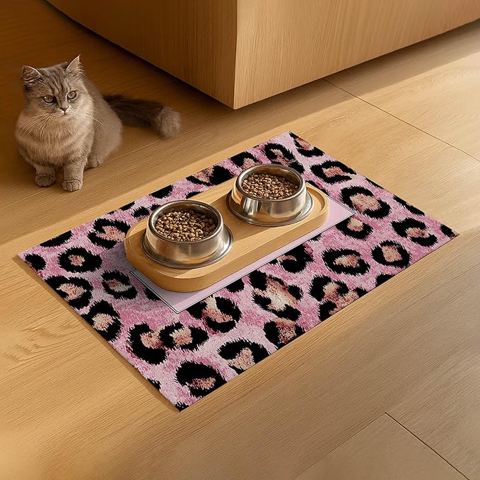 Puppy Feeding Mat 24x16 inch Pink Leopard Print Pet Bowl Placemat Non Slip Floor Mat for Food and Water Indoor Dog Feeding Station Cute Meal Pad for Small Pets Kitchen Use
