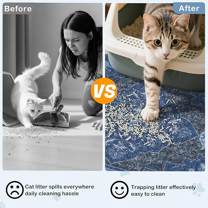 Bienbee Cat Litter Mat, 33" x 22" Large Size Litter Box Mat Rug with Non-Slip Bottom,Urine and Water Proof, Easy to Clean Cat Supplies Essentials for Indoor Kitty Kitten Floor,Navy Geometric L