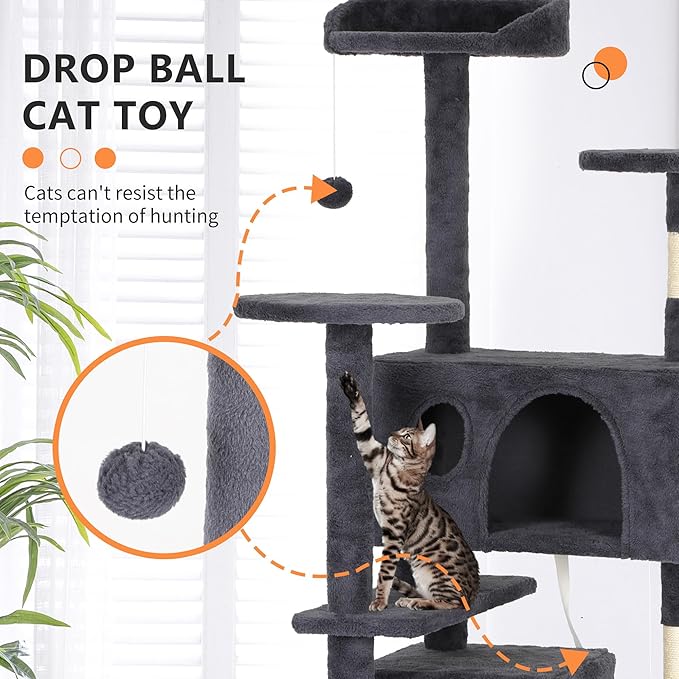 BestPet | 62" Cat Tree Tower | Dark Gray | Sturdy, Easy to Assemble, Multi-Level Activity Center with Sisal Scratching Posts, Condos, Perches, Hanging Cat Toys, Observation Decks & Ladder