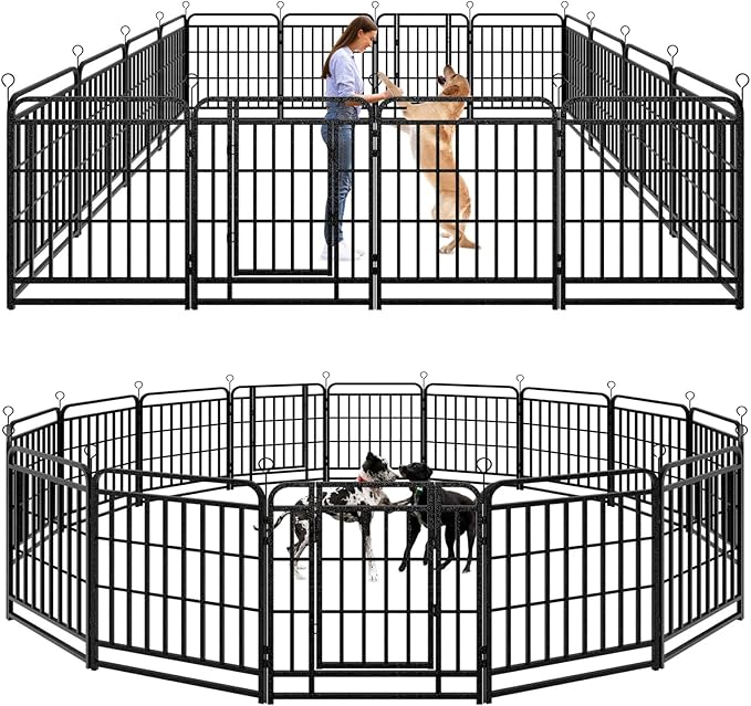 Dog Fence Outdoor 16 Piece Panels 32" Height, Square Steel Pipe with Reinforced Crossbars, Anti-Rust Heavy Duty Dog Playpen with Doors Portable for Yard RV Camping, Total 36FT, 103 Sq.ft, Snowy Black