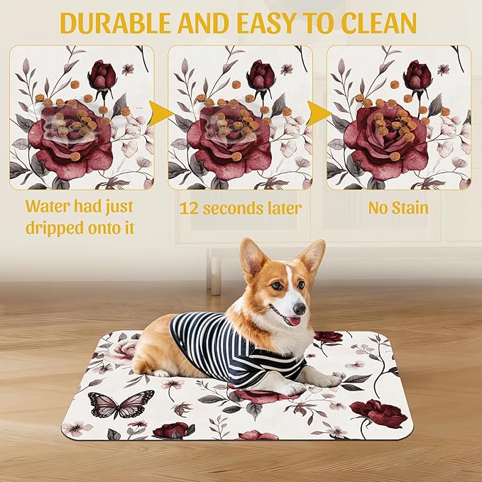 Vintage Flower Butterfly Dog Cat Food Mat, Absorbent Feeding Placemat, Waterproof Non-Skid Bottom – 16x24 Inch