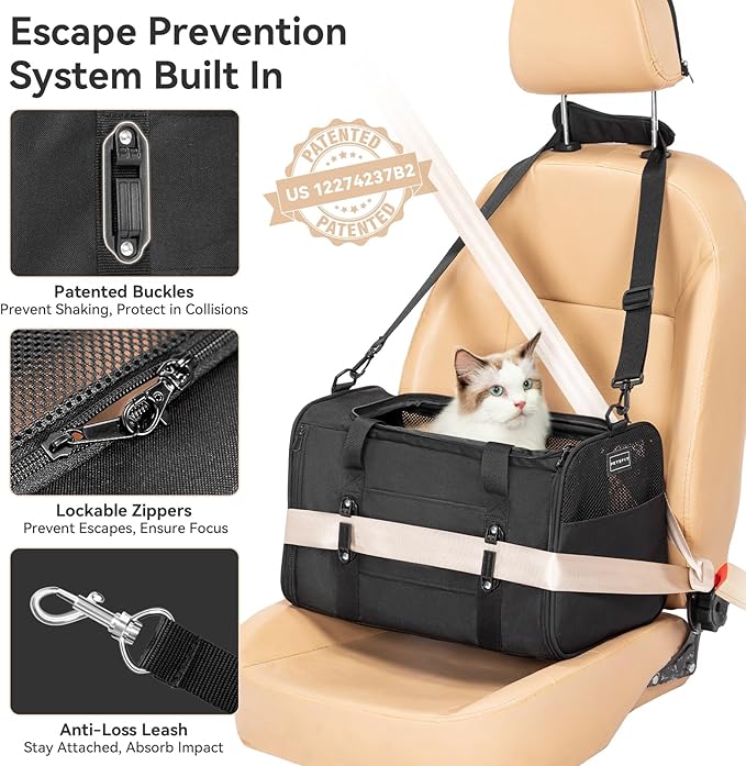 PETSFIT Large Cat Car Carrier with Patented Safety Buckles(19 x 12 x 12) – Roomy Escape-Proof for Safe Driving, Lockable Zippers & Safety Tether, Soft-Sided Travel Carrier for Road Trips & Vet Visits