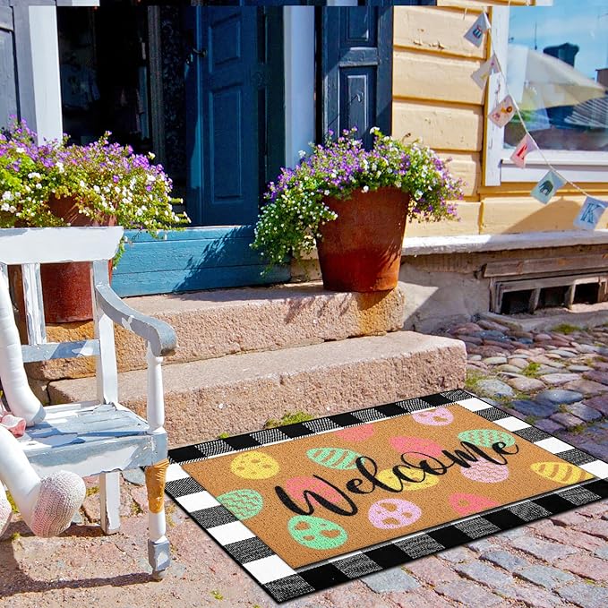 Tinideya 2 Pcs Easter Day Door Mat Eggs Welcome Non Slip Coir Mats Holiday Black and White Plaid Floor Layering Doormats Seasonal for Front Porch Entryway Decor(Easter Eggs)
