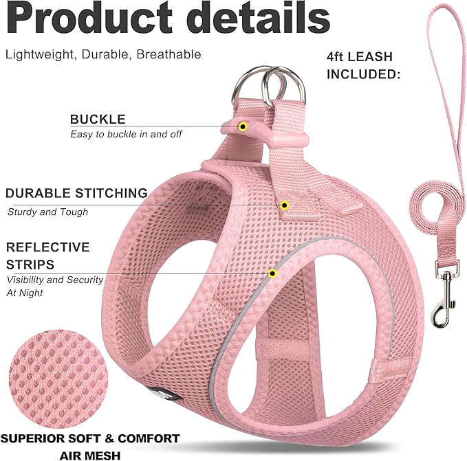 Fida Comfy Dog Harness with Leash, Soft Puppy Vest Escape Proof, Breathable Lightweight Soft Mesh, Adjustable Reflective Step-in Harness for Extra-Small Dogs (XS, Pink)