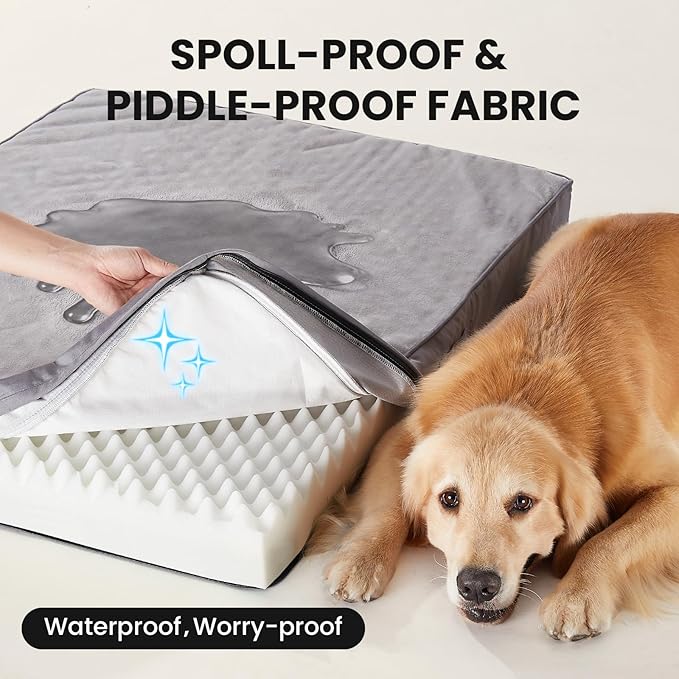 OhGeni Orthopedic Waterproof Dog Bed for Large Dogs, Machine-Washable Removable Cover in Easy-Clean Fabric, High Density Foam & Easy-Carry Handle, Wider and Larger, 44 inch (Gray)