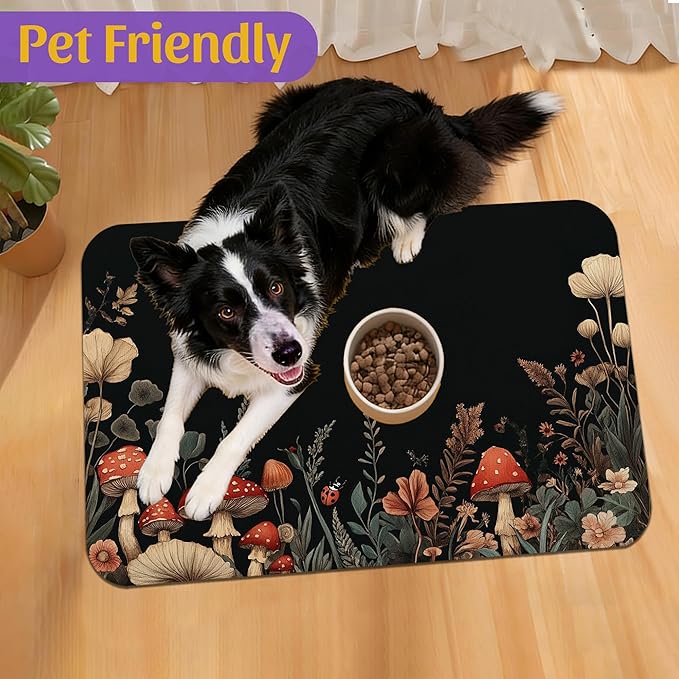Vintage Mushroom Flower Pet Feeding Mat, Absorbent Dog Cat Bowl Pad, Fast Dry, Waterproof Rubber Back – 12x20 Inch