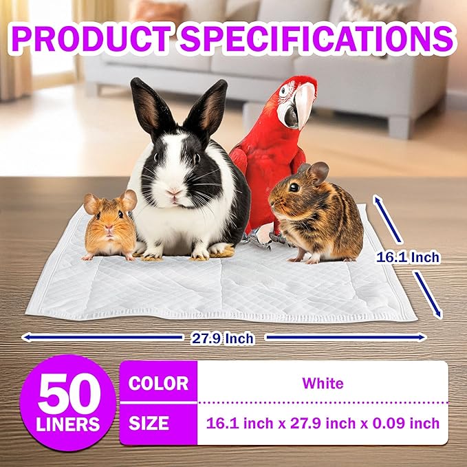 HA SHI Absorbent Bird Cage Liner - 27.9 x 16.1 Inches, 50 Pads, Disposable, Durable 5-Layer, Leak-Proof, Quick-Drying, Odor-Free for Parrots, Parakeets, Budgies, Canaries, Cockatoos