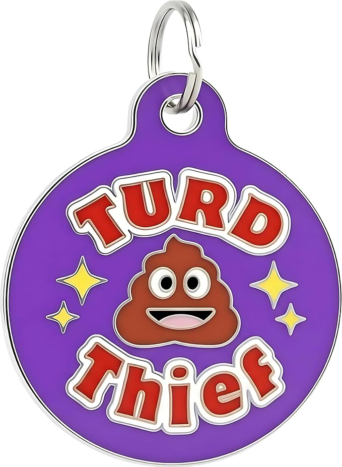 Bad Tags Personalized Dog and Cat ID Tags in 25+ Designs and 2 Sizes - 5 Lines of Custom Engraved Text - Funny Cute Personalized Pet Tags (Turd Thief, Small (1 inch))