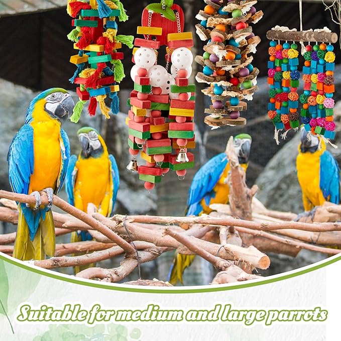 4 Pcs Extra Large Bird Parrot Toy Multicolored Natural Wooden Parrot Cage Chewing Toys for Large Medium Macaws Cockatoos African Grey Birds (Block and Ball)