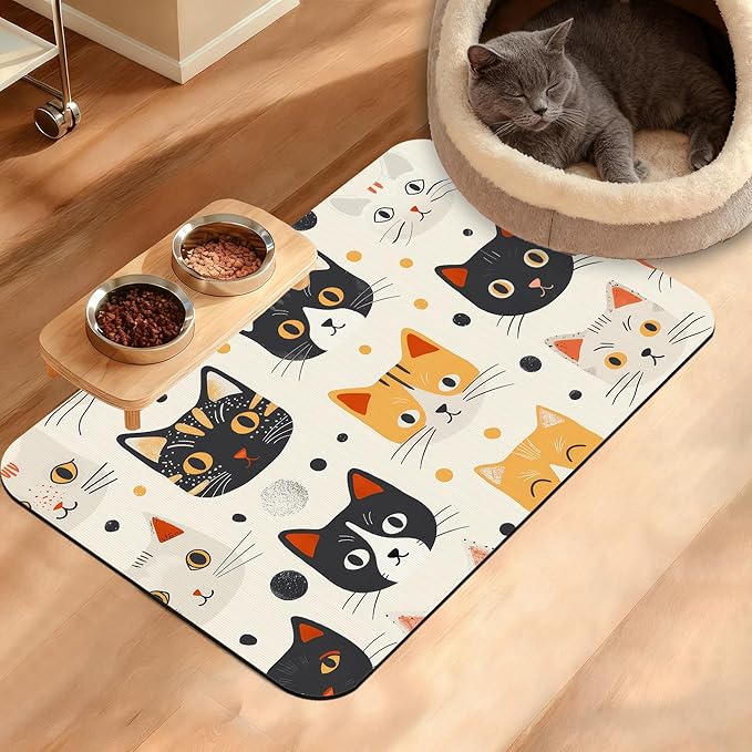 Cats Dog Cat Food Mat,Absorbent Waterproof Placemat for Food and Water Non Slip Rubber Backing Durable Feeding Pad for Clean Floors 16" x 24"