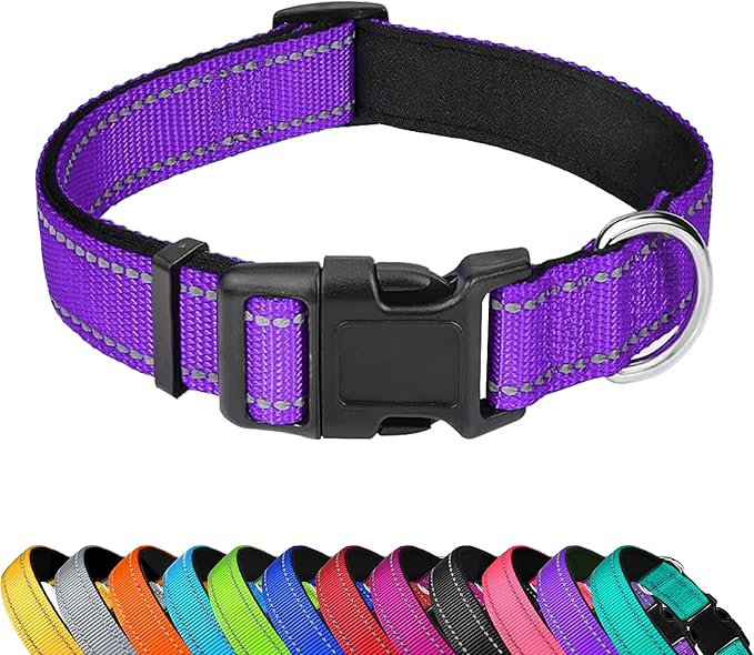 Reflective Dog Collar, Adjustable Soft Neoprene Padded Nylon Pet Collars with Buckle for Small Dogs, Purple,S