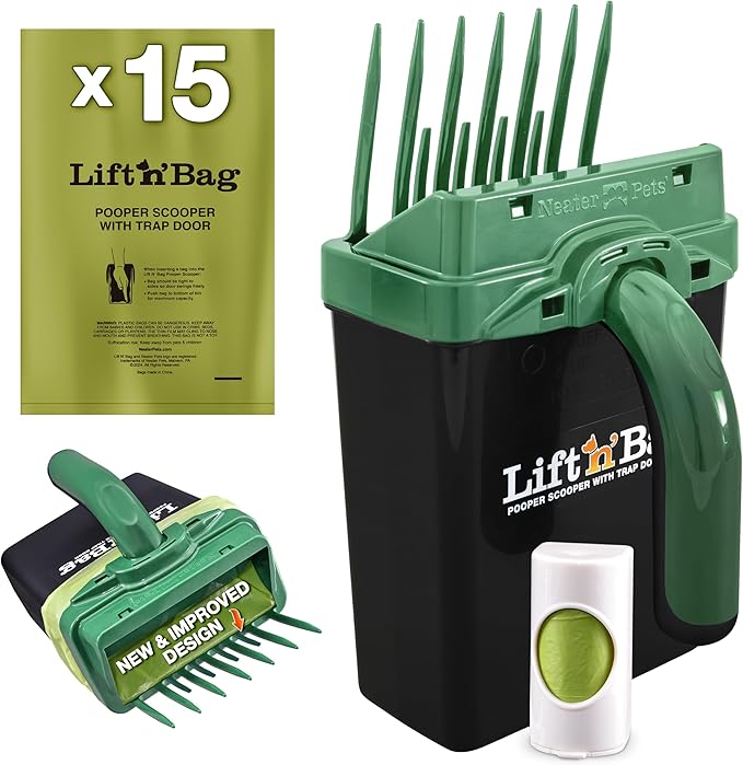Neater Pet Brands Lift N’ Bag 2.0 Dog Pooper Scooper with Bag Attachment for Small to Large Dogs, New & Improved Design, 15 Refill Bags, Heavy Duty Dog Poop Scooper for Yard & Walks, One-Hand Use