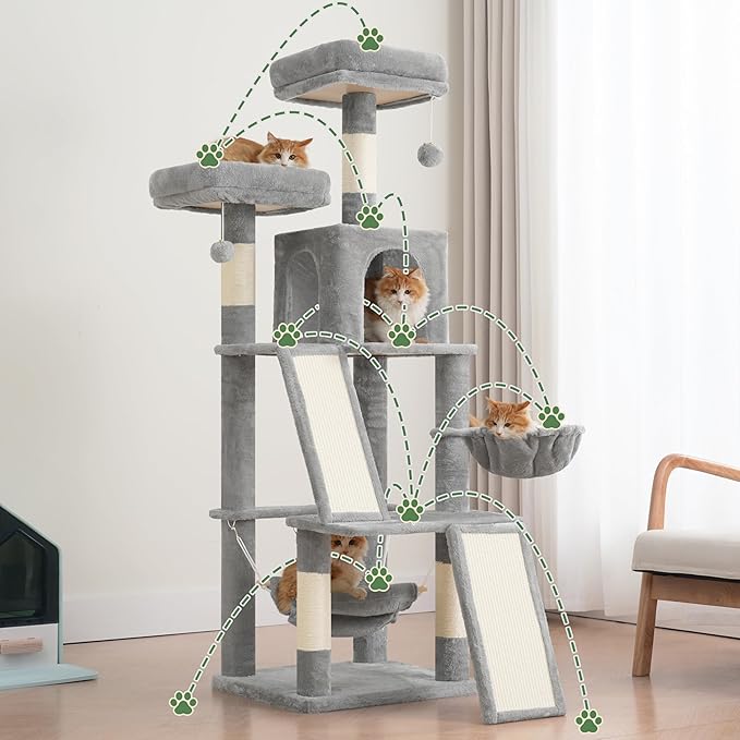 Multi-Level Cat Tree for Indoor Cats, Cat Tower with 2 Scratching Boards, 2 Plush Padding Platforms, Cat Condo House with Hammock, Basket, Light Gray GCT022W