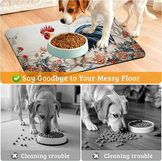 Dog Bowl Mat,Chicken Painting Pet Feeding Mat for Floors Waterproof,Flowers Absorbent Dogs Placemat for Food and Water Quick Dry Pet Cat Feeding Mats with Non Slip Bottom 16" x 24"