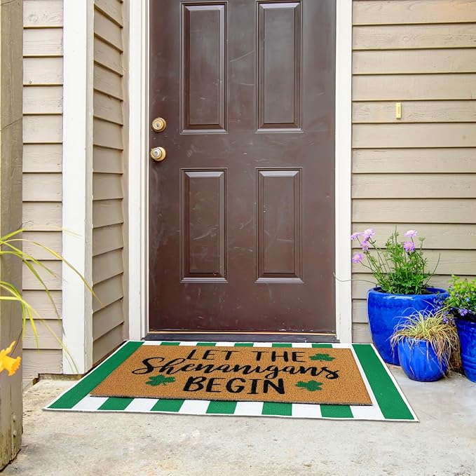 Tinideya 2 Pcs Irish Festival Door Mat Fest Welcome Non Slip Coir Mats Shenanigans Green White Stripe Floor Layering Doormats Seasonal for Front Porch Entryway Decor(Irish Festival)