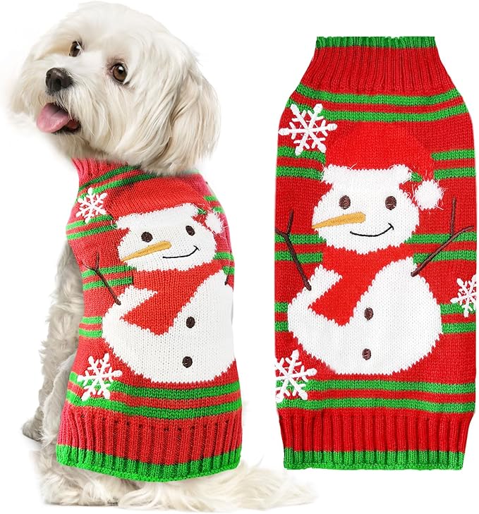 Dog Christmas Sweater Cute Snowman Puppy Cat Costume Boy Girls Xmas Holiday Pet Clothes New Year Outfits Gifts for Small Medium Large Dogs (XS, Red Green Stripe Snowman)