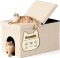 3-in-1 Cat Litter Box Enclosure with Odor Control, Multi-Functional Hidden Litter Box Furniture Bench, Dog Proof, Space-Saving Ottoman Cabinet with Flip-Up Lid, Storage Footrest, Beige