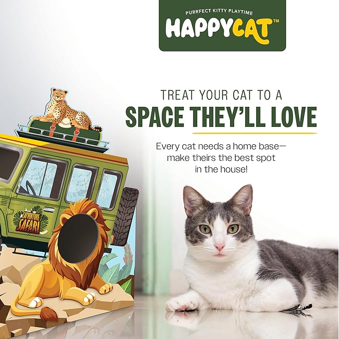 HappyCat Safari Truck Cat Scratcher House - Adventure-Themed Cardboard Cat Playhouse with Scratch Panels & Interior Space - Jungle Truck Theme Cat Activity Center