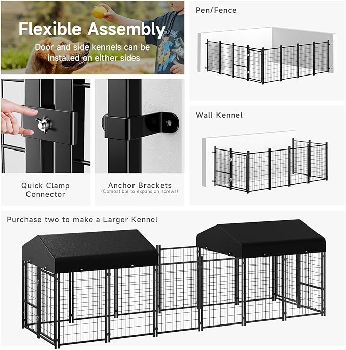 2PCS Dog Kennel Outdoor, Outside Dog Kennel with Roof & Removable Doggy Door Allow Connecting Your Dog House, Square Pet Enclosure Dog Run Yard for Medium/Small Dogs(4'Lx4'Wx4.6'H)