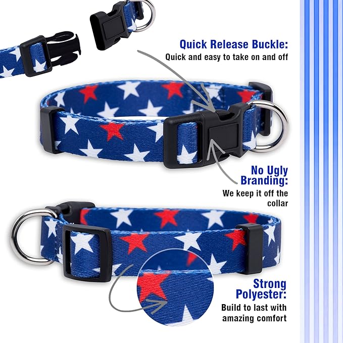 Native Pup American Flag Dog Collar- Red White and Blue- Patriotic Collars for 4th of July, USA- Adjustable Small, Medium, Large Breed Dogs (Large, Red & White Stars)