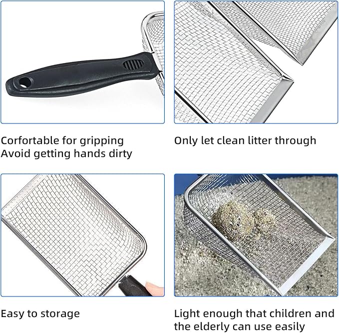 Cat Litter Scoop, Stainless Steel Mesh Scoop Away Cat Litter, Kitty Litter Scoop 2.8mm Hole, Non-Stick Cat Litter Scoop for Crystal Litter|Pine Pellets|Small Pieces, Litter Cleaner Beach Mesh Shovel