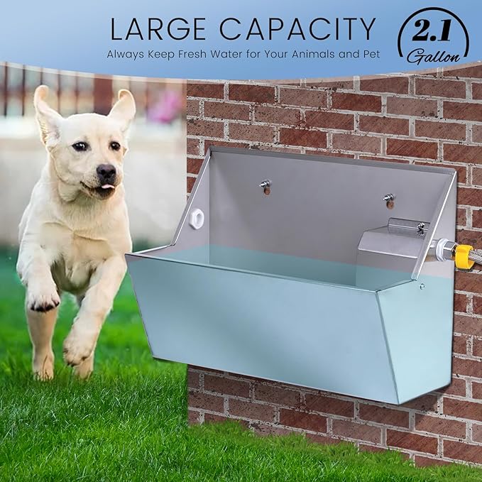 Automatic Water Dispenser for Dog,2.1 Gallon Dog Water Bowl Dispenser for Outdoor,304 Stainless Steel Automatic Pet Waterer for Cat Chicken Livestock (Drainage Hole)