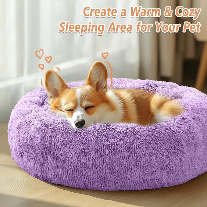 JOLLYVOGUE Calming Dog Bed Large Size Dog, Anti-Anxiety Donut Large Pet Bed, 36 inches Fluffy Faux Fur Round Cat Bed, Fits up to 75 lbs Pets (Purple)