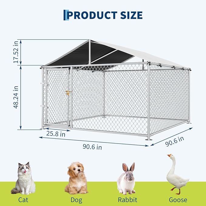 Large Dog Kennel Outdoor with Roof Heavy Duty Dog Enclosure Outside Pet Fence for Yard Dog Boarding Kennel Poultry House Cage Steel Fence with Ground Anchor Secure Lock Farm Training 7.5×7.5×5.5FT
