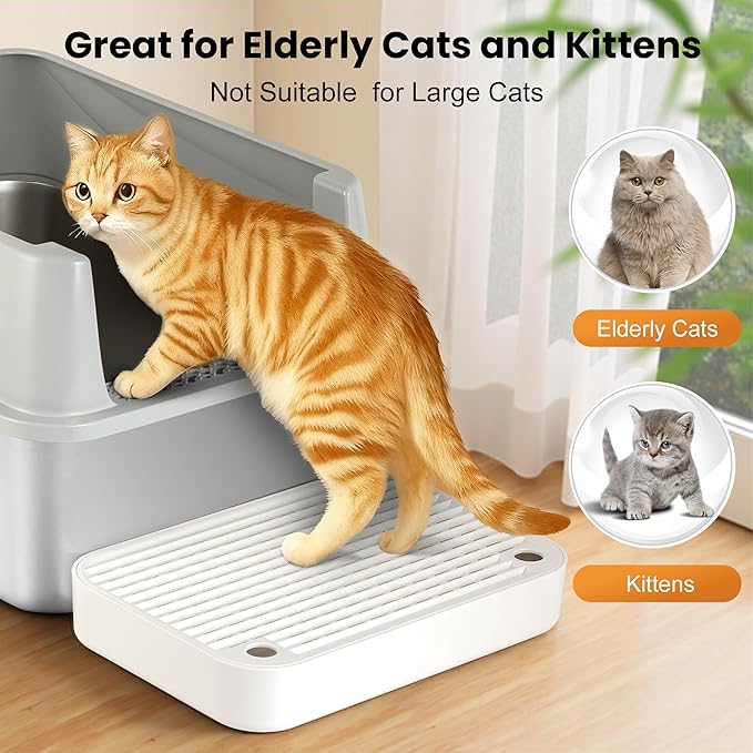 Litter Box Step, Litter Box Ramp/Catcher, Anti-Tracking & Easy to Clean, Ideal for Small & Elderly Cats (White)