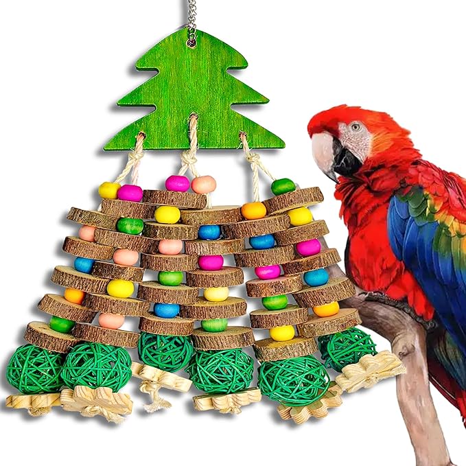 Parrot Toys, Large Bird Parrot Chewing Toys for Medium-Sized Macaws, Natural Wooden Blocks Christmas Tree Shape, African Grey Parrots, Amazon Parrots, Medium-Sized Bird