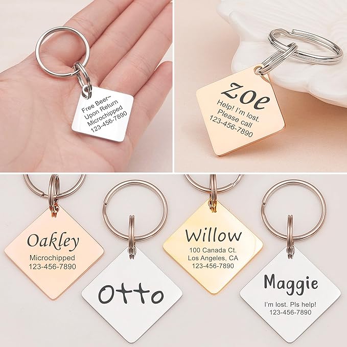 Anavia Personalized Pet ID Tags, Stainless Steel Glossy Laser Engraved Dog Cat Collar Name Tags, Multiple Colors Shapes Sizes (Diamond, Regular)