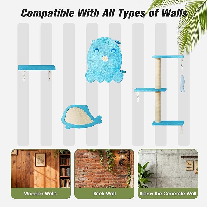 COZIWOW 4-Piece Wall-Mounted Cat Tree Set – Sturdy Wood Pet House, Scratching Board, Platforms, Sisal Posts & Blue Fish Charm – Ocean Blue