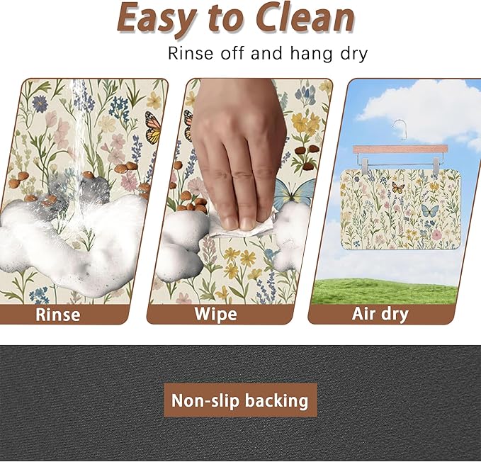 Wildflowers Dog Cat Food Mat,Vintage Botanical Garden Plants Herb Butterfly Absorbent Pet Feeding Mat for Food and Water,Non-Slip Dog Bowl Mats Floor Protector 12"x20"