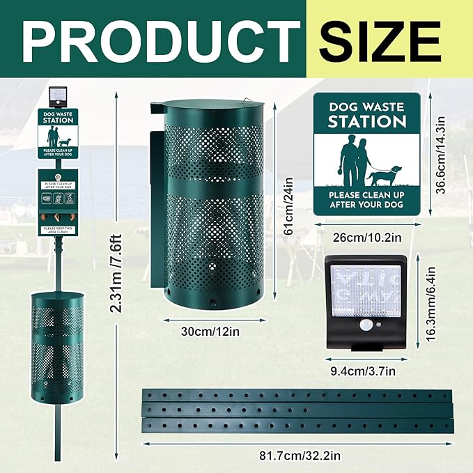 Dog Waste Station with Solar Panels Outdoor LED Galvanized Steel Dog Trash Bin Dispenser Light up at Night Rust Proof Pet Trash Station for Commercial Park Backyard(Classic)