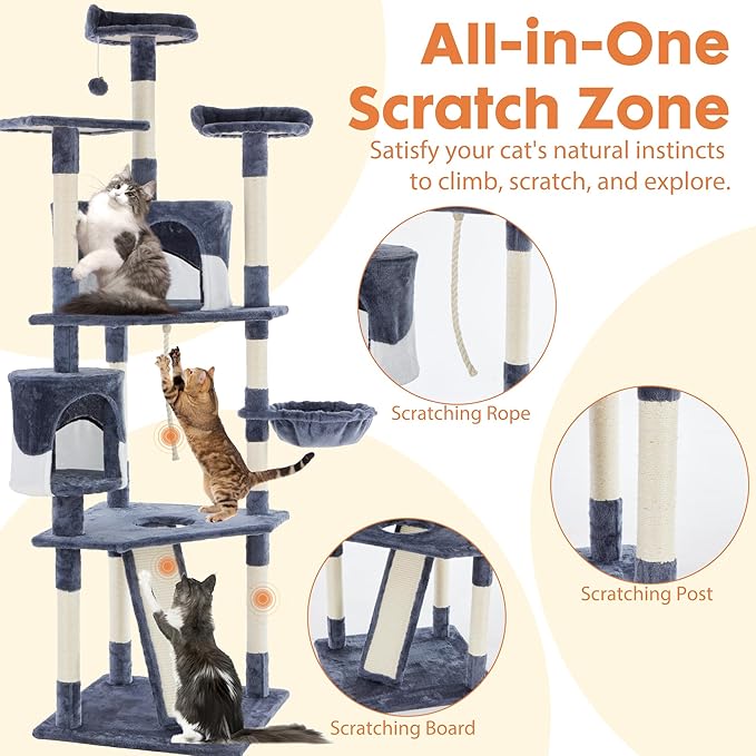 Sweetcrispy 79 inch Cat Tree Tower, Large Multi Level Cats Climbing Tower with Condo, Natural Sisal Scratching Posts, Extended Platform, Basket, Tall Pet Tree House for Indoor Cats Play, Dark Blue