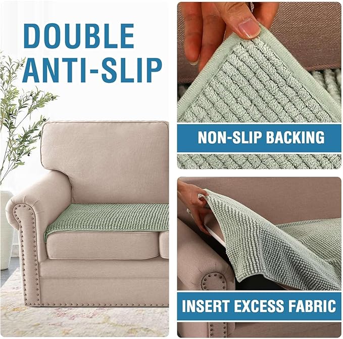 H.VERSAILTEX Plush Chenille Couch Cover for 3 Cushion Couch Anti Slip Washable Sofa Slipcovers Soft and Durable Furniture Protector for Dogs Cats Kids (27.5" x 71", Sea Foam)
