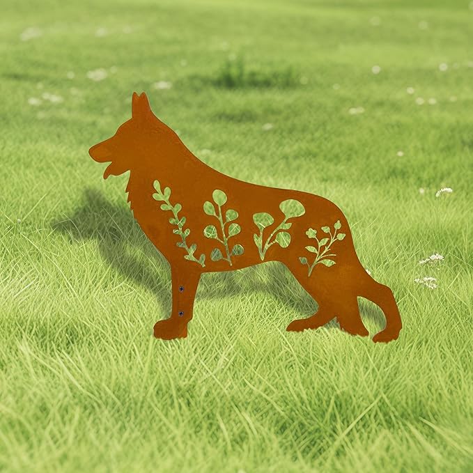 Dog Garden Stake - Unique Gift for Dog Lovers,Black Metal Outdoor Decor, Durable Yard Art Statue (Rust German Shepherd)