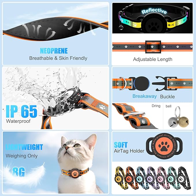 Airtag Cat Collar Breakaway, Reflective Cat Collar with AirTag Holder and Bell, Compatible with Apple Air Tag, Comfortable Padding, Adjustable, Durable (Orange, S)