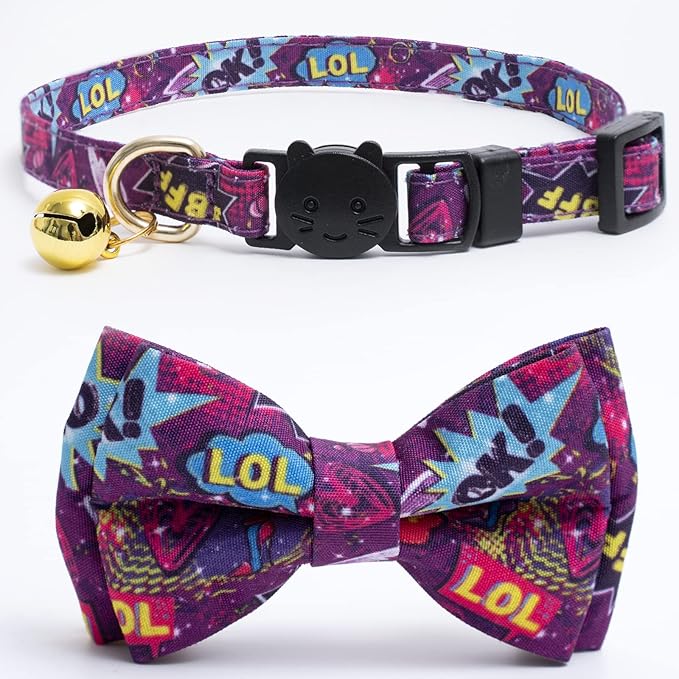 Faygarsle 2 Pack Cotton Designer Breakaway Cats Collar with Bow Tie and Bell Graffiti Style Cat Collars for Girl Female Boy Male Cat Collar with Bell Collars for Cats Purple Yellow