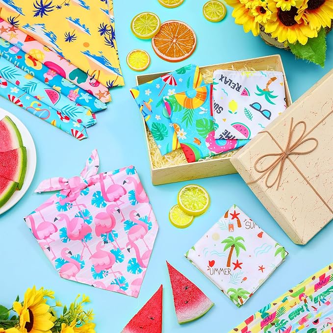 Sweetude 100 Pieces Hawaiian Dog Bandanas Bulk,Summer Bandanas for Dogs Fruit Flamingo Palm Leaves Pattern Pet Triangle Scarf Puppy Kerchief Bibs for Medium Small Pets Summer Costume Accessories
