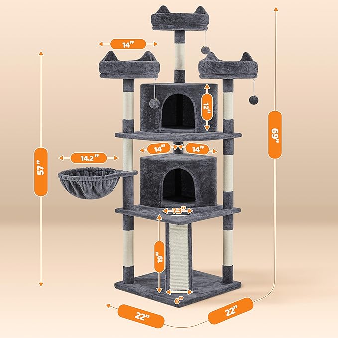 Yaheetech | 68.5in Cat Tree | for Large Cats | Multi-Level Cat Tower with 3 Wide Perches, Large Condo | Stable Pet Play House w/Sisal-Covered Scratching Posts & Board | Dark Gray