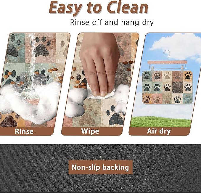 Cute Cat Paw Print Dog Food Mat for Floors,Vintage Absorbent Pet Food and Water Bowl Mats,Non-Slip Pet Feeding Mat,Pet Supplies 16" x 24"