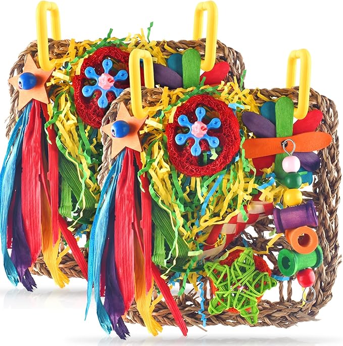 ERKOON Cockatiel Toys, Budgie Toys Foraging Toy Hanging Bird Toy for Lovebrid Parakeets Conures Parrot Foraging Wall with Colorful for Birds Shredding Seagrass, Birds Cage Accessories-2 Pack