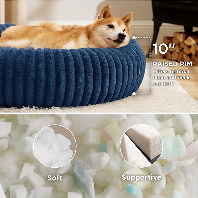 Bedsure ComfyFleece™ Donut Large Dog Bed - Washable Faux Fur, Corduroy Fleece & Anti Slip Bottom, Round Pet Beds with Removable Cover, Night Blue, 36x36x8 inches