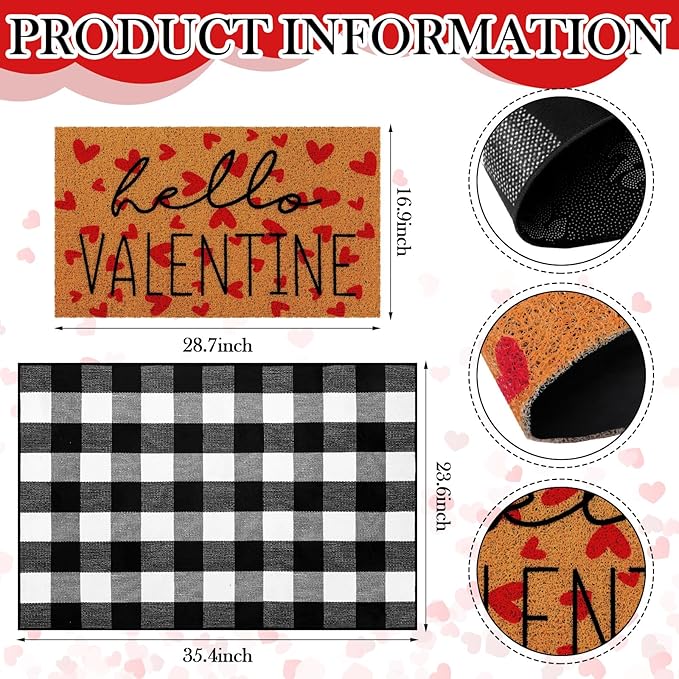 Tinideya 2 Pcs Valentine Door Mat Hello February 14th Welcome Non Slip Coir Mats Red Heart Black and White Plaid Floor Layering Doormats Seasonal for Front Porch Entryway Decor(Valentine)