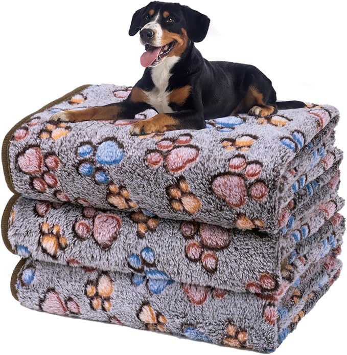 Dono 1 Pack 3 Dog Blankets, Soft Fluffy Fleece Pet Blanket Warm Sleep Mat Paw Print Design Puppy Kitten Throw Blankets Doggy Blanket for Dogs