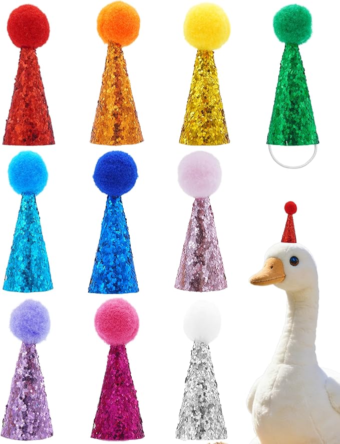PET SHOW 10 Pack Mini Party Hats for Animal Figures with Plush Pom Adjustable Tiny Hat for Dinosaurs Desk Goose Hamster Hedgehog Guinea Pig Chicken Small Pet Birthday Accessories